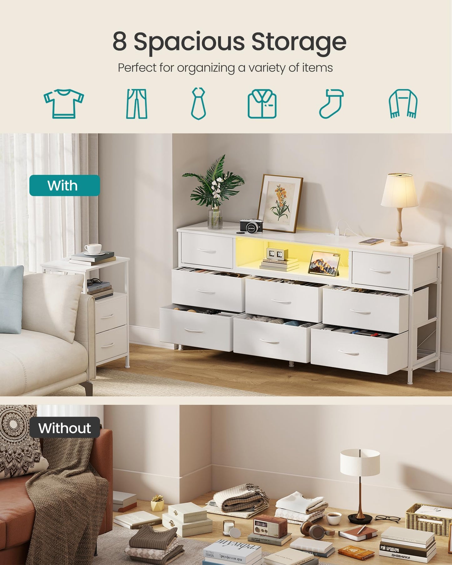 SONGMICS BELLAH Collection - Dresser for Bedroom with Outlets and LED Lights, TV Stand for TVs Up to 65 Inches, Chest of Drawers, 8 Drawers, Steel, Modern, Cloud White ULGS434WH02S