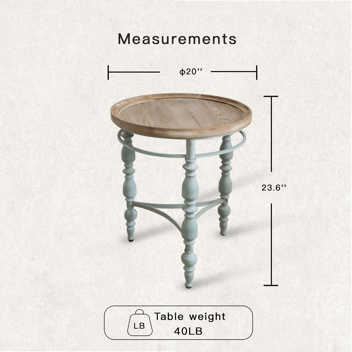 TIMBERMAVEN Rustic Farmhouse Round End Table, French Country Vintage Side Table,φ20.1'' x 23.6''H Rustic Solid Wood with Vintage Iron Legs, for Living Room, Bedroom, Small Spaces,Nature White