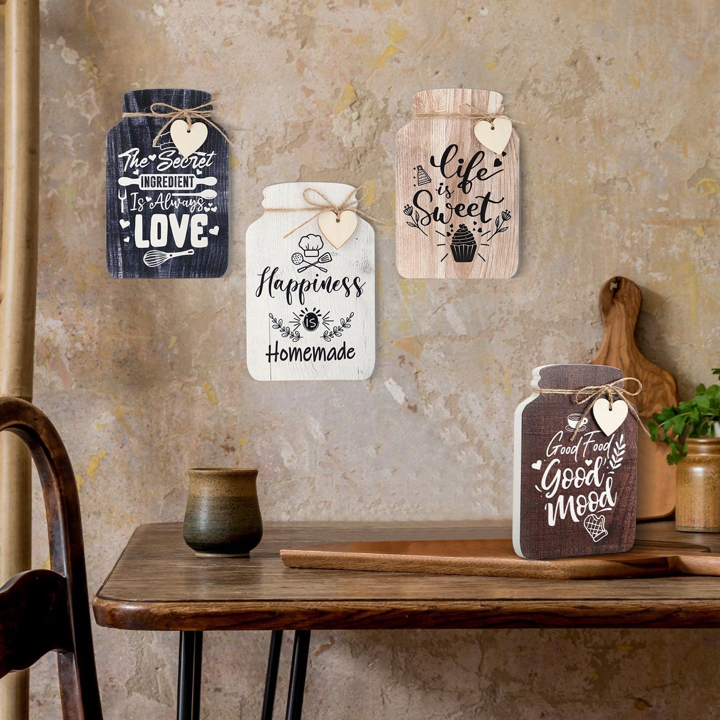 Weysat 4 Pieces Kitchen Wall Decor Mason Jar Set 5 x 8 Inch Wooden Farmhouse Dining Room Art Rustic Inspirational Kitchen Signs Decorations Mason Jar Wall Hanging Plaque