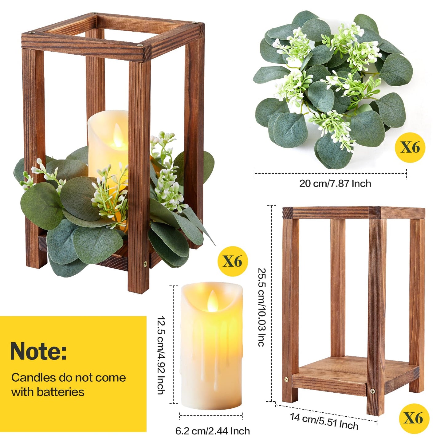 Neoflavie 6 Set/18 Pcs Wooden Wedding Lantern Centerpiece Include 6 Wooden Lantern Candle Holder 6 Flameless LED Candle 6 Eucalyptus Leaves Wreath for Centerpieces Wedding Table Party Farmhouse Decor