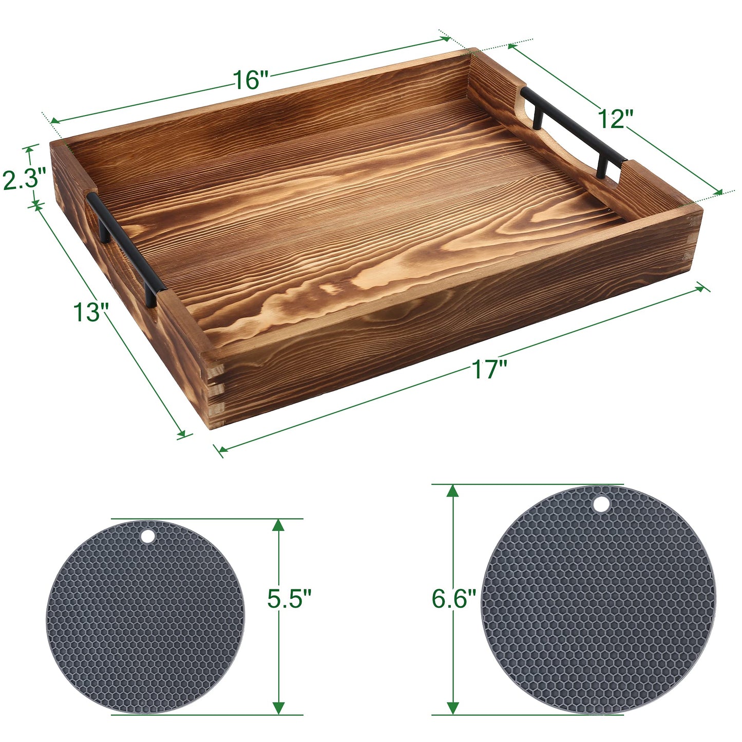 LotFancy Large Ottoman Tray for Living Room, 17x13'' Wood Serving Tray with Handles, Home Décor for Coffee Table, Sofa, 2 Skidproof Coasters Included