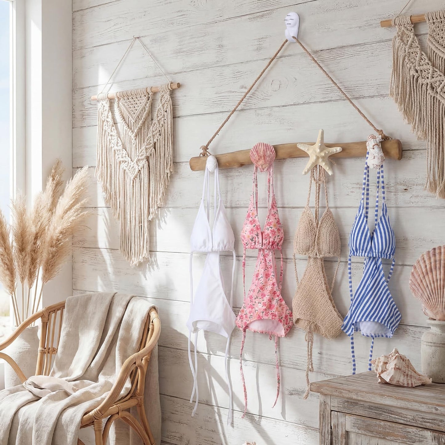 Gerrii 16 Inch Seashell Bikini Rack Driftwood Wall Mounted Hook Swimsuit Organizer Coastal Wooden Coat Rack for Summer Ocean Theme Beach Bathroom House Decor Swimming Pool(Classic)