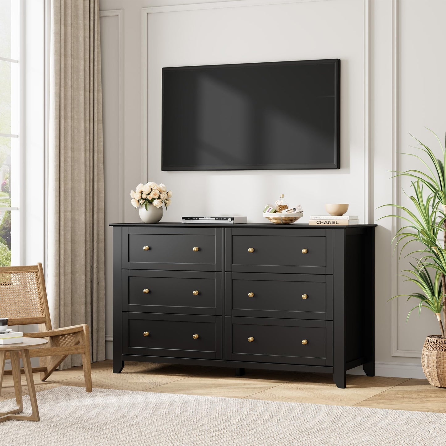 IDEALHOUSE Black 6 Drawer Dresser for Bedroom, 54" Wide Large Dresser with Deep Drawers & Metal Knobs, Modern Wooden Chests of Drawers for Entryway, Hallway