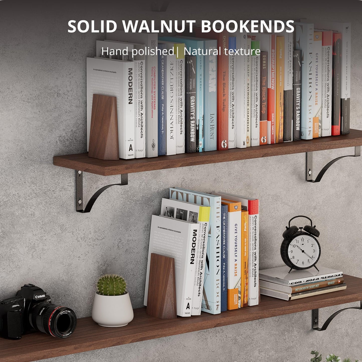 muso wood Book Ends, Handmade Wooden Bookends for Heavy Books, Creative Beveled Bookends for Shelves, Non-Skid Book Ends, Walnut-1Pair