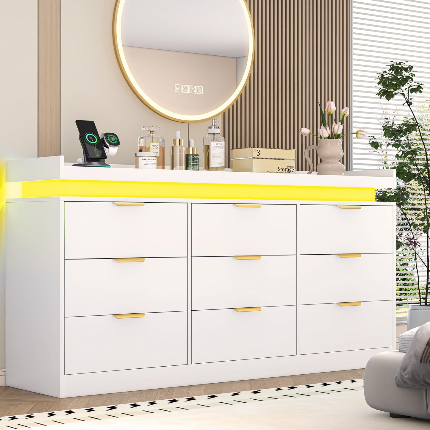 9 Drawer Dresser for Bedroom, White Dresser with LED Lights and Charging Station, Modern Chest of Drawer, Wood Triple Wide Drawer Organizer Cabinet for Bedroom, Living Room, Entryway, Hallway