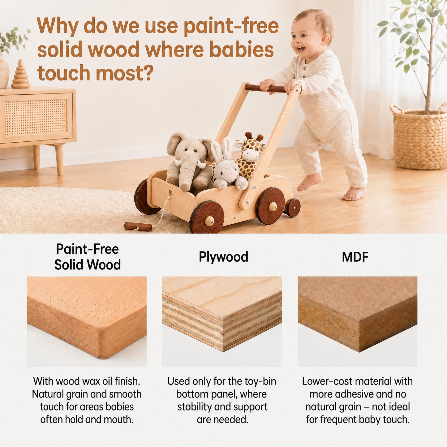 Woodtoe Wooden Baby Walker, Adjustable Speed Anti-Rollover Push Walker Toy for Babies Learning to Walk, Natural Toddler Push and Pull Toys Wagon, Montessori Birthday Toy Gift for Boy Girl 1 2 3 Years