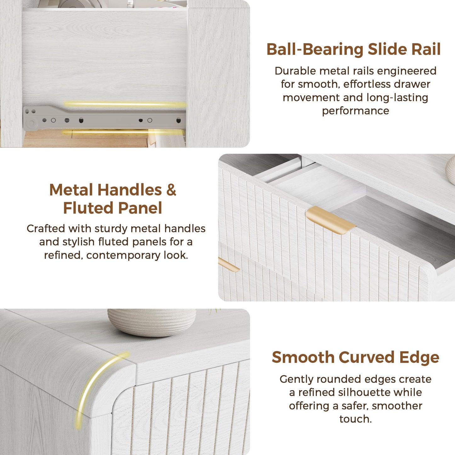 Jocoevol Modern 6 Drawer Dresser for Bedroom, 47" Wide Wood Dressers & Chests of Drawers Curved Profile Design, Mid Century Modern Fluted Dresser for Bedroom, White