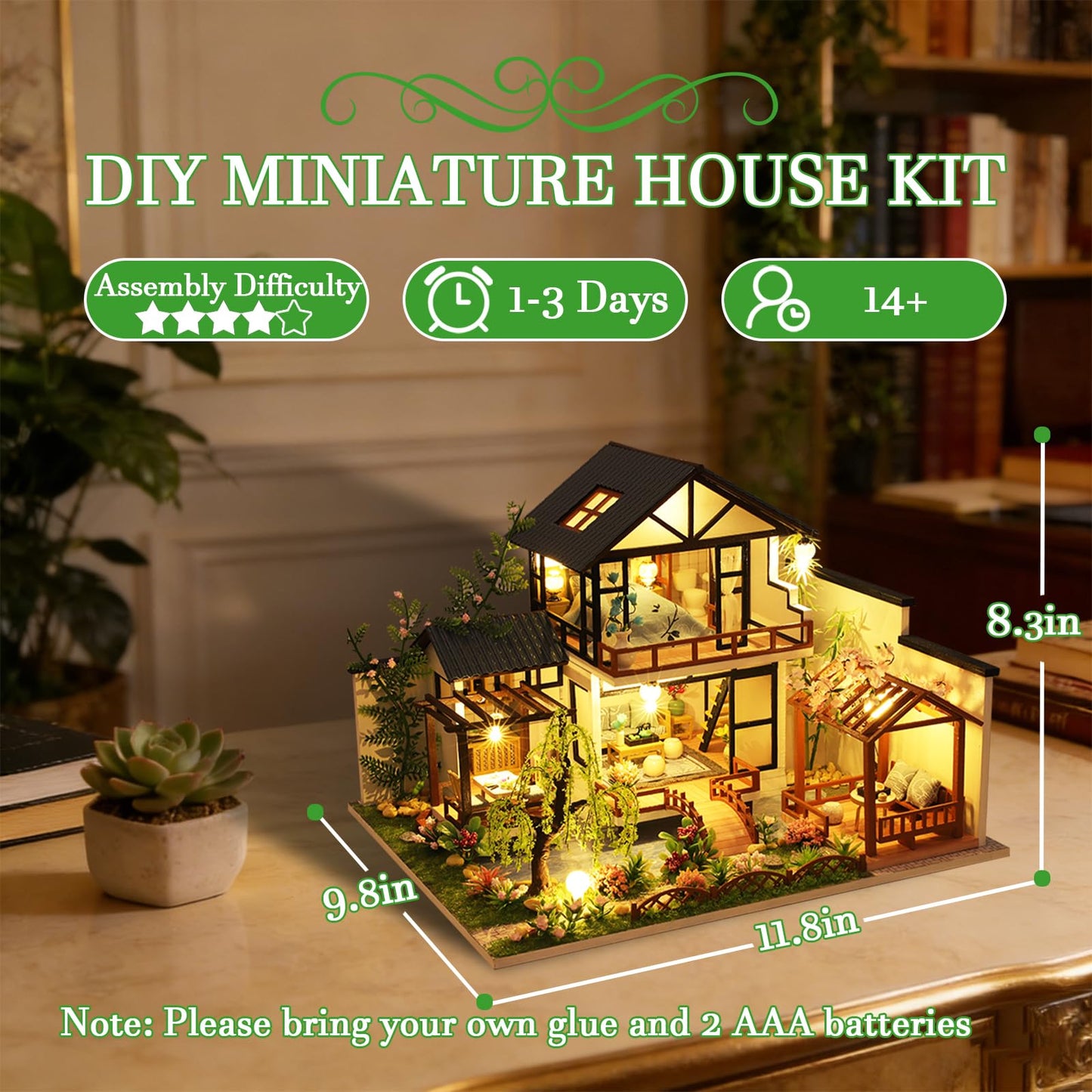 OZJAY DIY Miniature House Kit, Tiny House Kit with LED, DIY Wooden Dollhouse Miniature Kit for Adults Teen, Dollhouse Kit, Mini House Kit for Birthday Christmas Father's Day, Bamboo Stream Garden