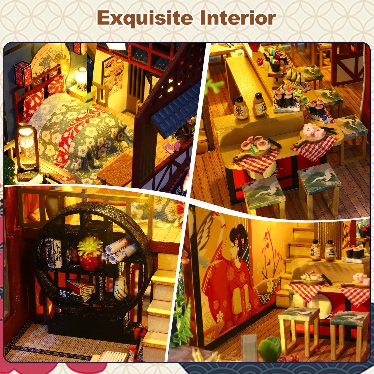 Hallisun DIY Miniature House Building Kits, Japanese Restaurant and Ancient Rhyme Library 3D Wooden Dollhouse Toys, Birthday Christmas Festival Gift for Teens Adults