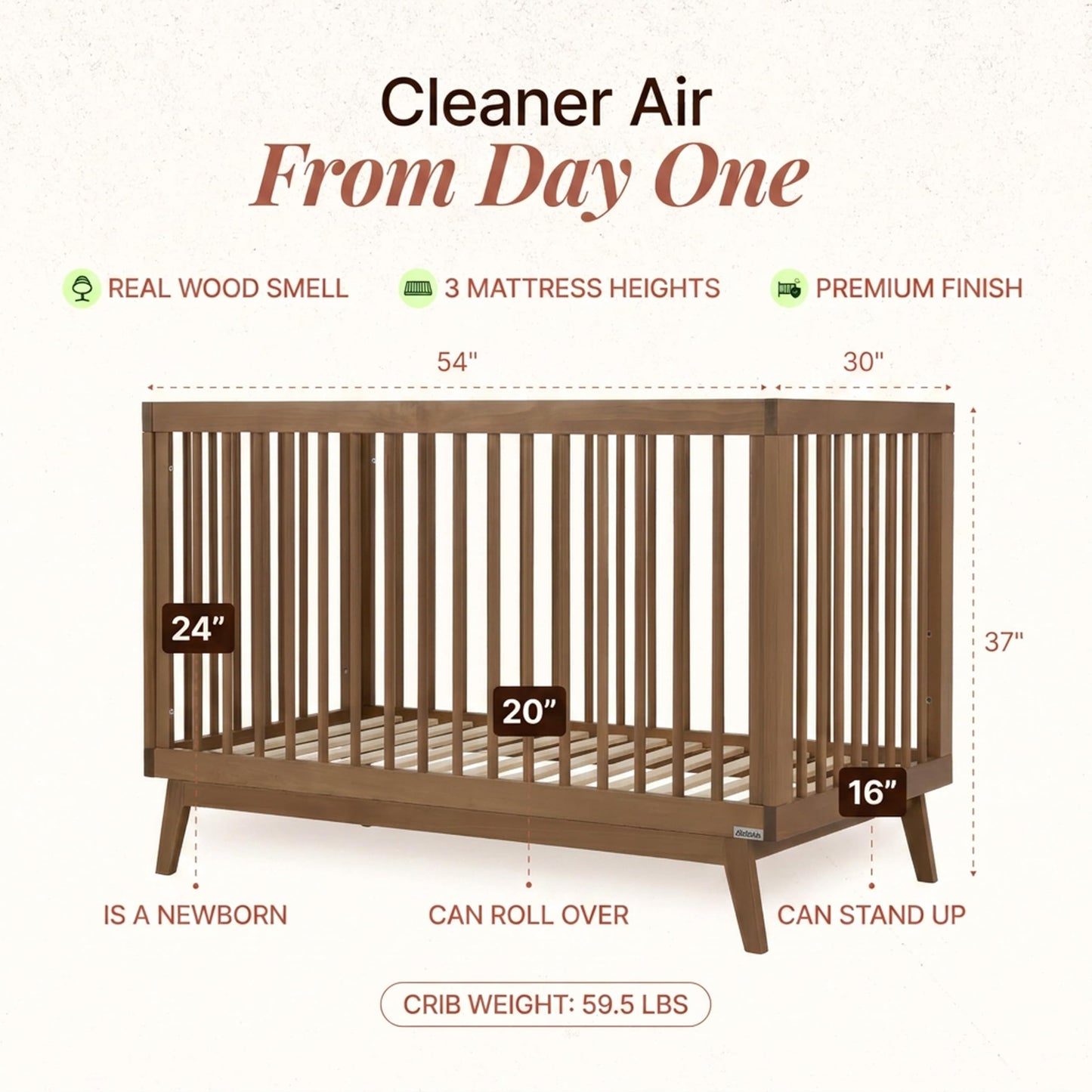 dadada Baby Soho 3-in-1 Convertible Wooden Crib to Toddler Bed - Made in Italy, GREENGUARD Gold Certified, Baby-Safe Finish, Handcrafted Beechwood, Modern Design, 3 Adjustable Heights (Walnut)