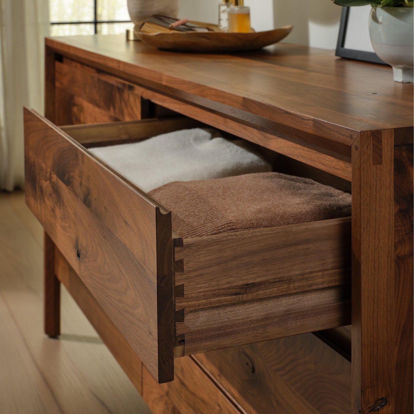 Stickley Saranac Dresser, Chest, Solid Rustic Walnut, Sustainable Construction, 6 Drawers, Finger Pulls, 64in W x 20in D x 32in H, Made in USA