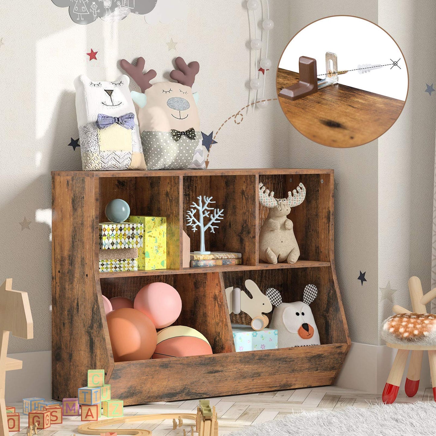 HOOBRO Kids Bookshelf, Bookcase Footboard, Toy Storage Cubby, 35.4" L Children's Toy Shelf, Toy Storage Cabinet, Fit for Children's Room, Playroom, Hallway, Kindergarten, Rustic Brown BF32CW01