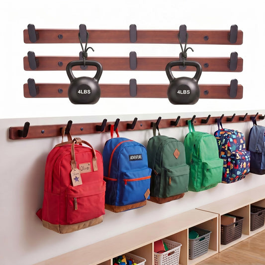 Chumia 4 Pcs Classroom Wall Backpack Hooks 17.7 Inch Wooden Heavy Duty Coat Hanger with 20 Hooks Deal Large Coat Rack Wall Mount Hanger for Back to School Organizer Hanging Backpack Hats Clothes