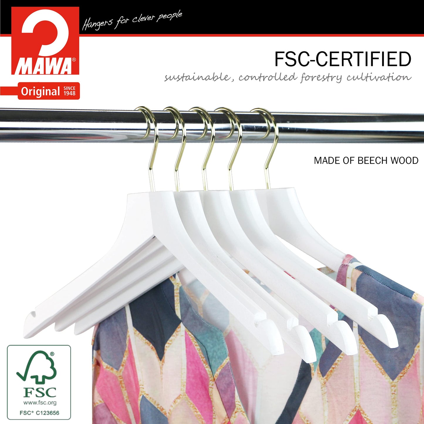 MAWA by Reston Lloyd, European Wooden Hanger, Beech Wood Straight Hanger with Shoulder Notches, Rotating Gold Hook, White Finish, for Shirts, Blazers, Dress Clothes, Set of 5 (27135)