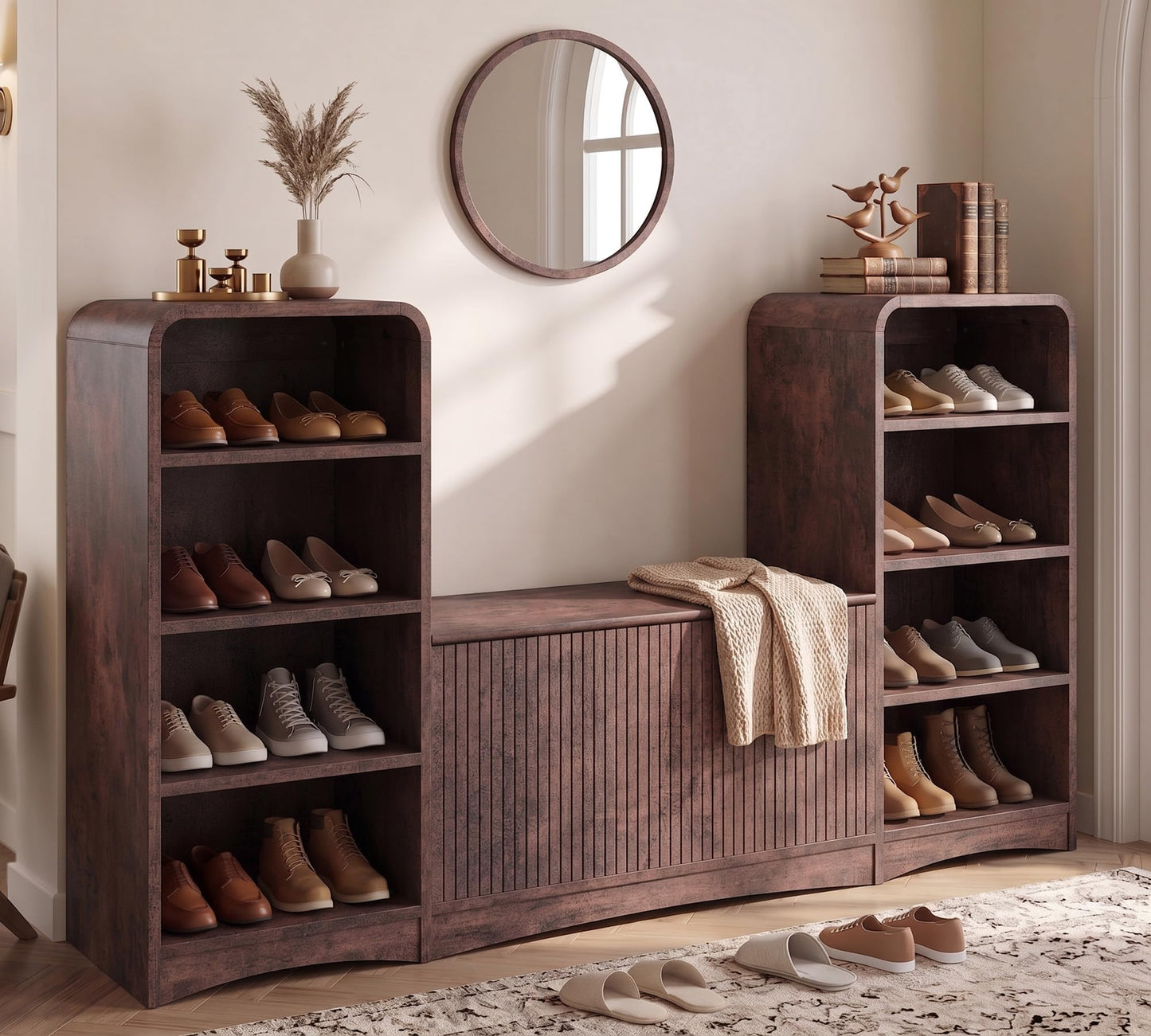 Homiflex Shoe Cabinet with Bench, Entryway Bench with Shoe Storage, Wooden Shoes Rack with Adjustable Shelves, Farmhouse Organizer for Entryway, Living Room, and Stairwell, Red Brown