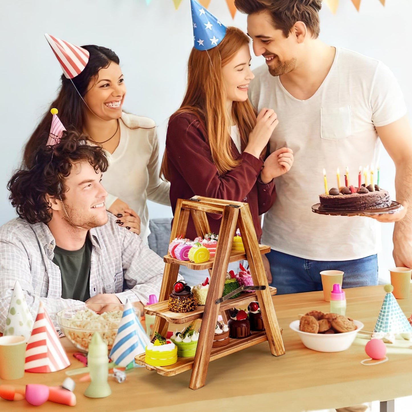Wooden 3 Tier Cupcake Stand with Artificial Flower Vine Hanging Swing Trays Foldable & Removable Design for Birthday Wedding Catering Baby Shower Party