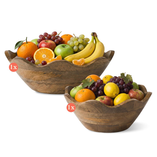 Mela Artisans 10 & 12 in Scalloped Acacia Wood Salad Bowl Set – Decorative Serving Bowls and Wooden Fruit Bowls with Natural Finish for Pasta, Bread & Kitchen Table Decor