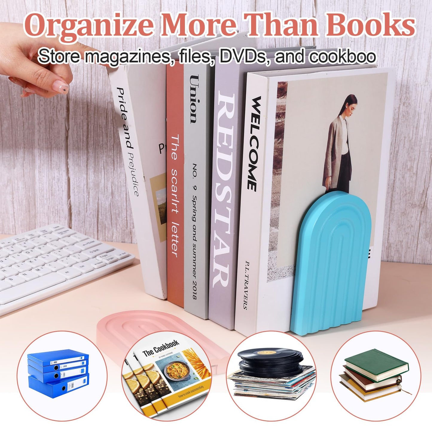 4Pcs Boho Arch Wooden Rainbow Bookends Cute Book Ends for Shelves Non Skid Wood Bookends Desert Pastels Book Holder Stand Stoppers for Home Office Back to School Library Kitchen Heavy Books