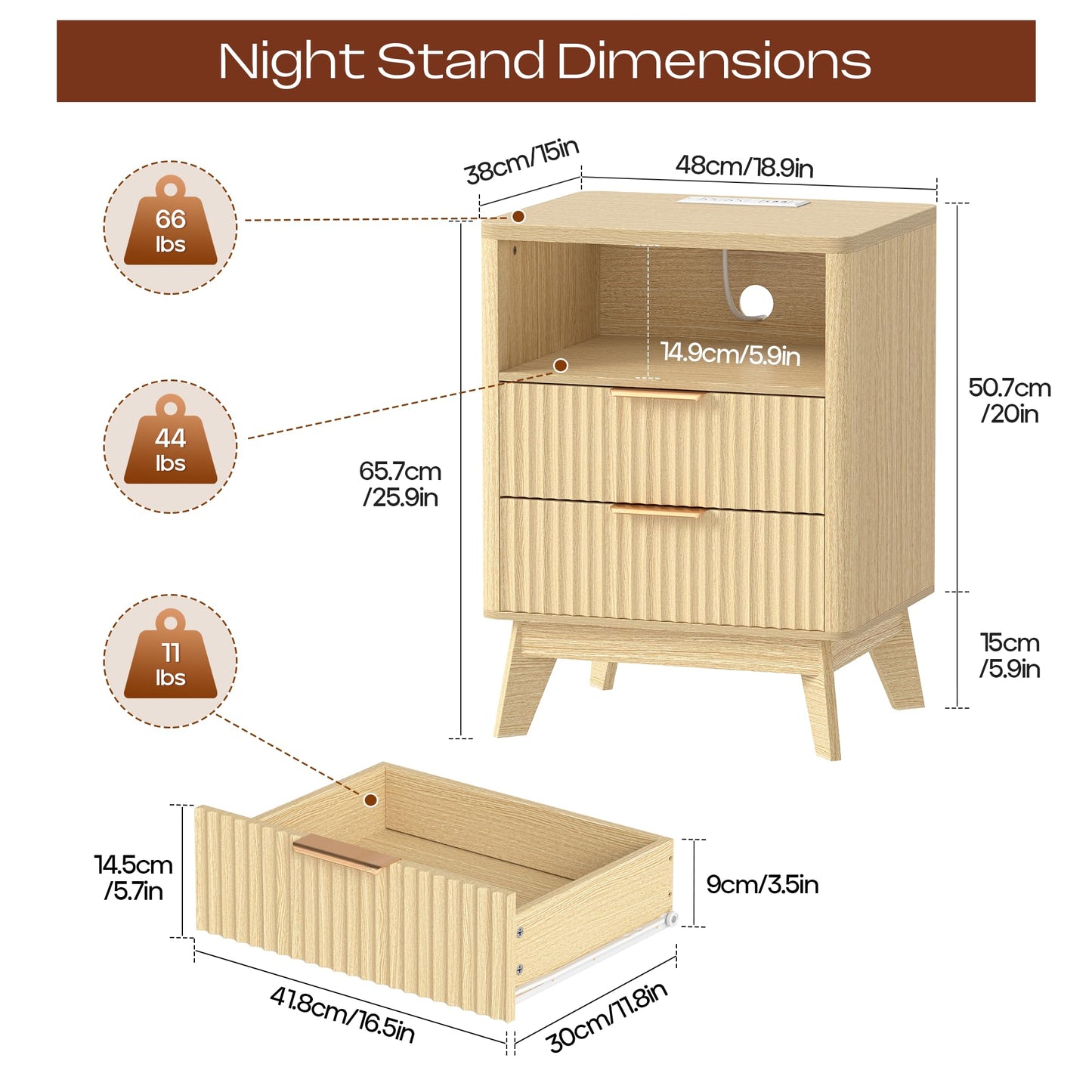 Turosur Night Stand with Charging Station, Fluted Nightstand with 2 Drawers, Wood Bedside Table with Open Storage, Modern Nightstands for Bedroom, Natural
