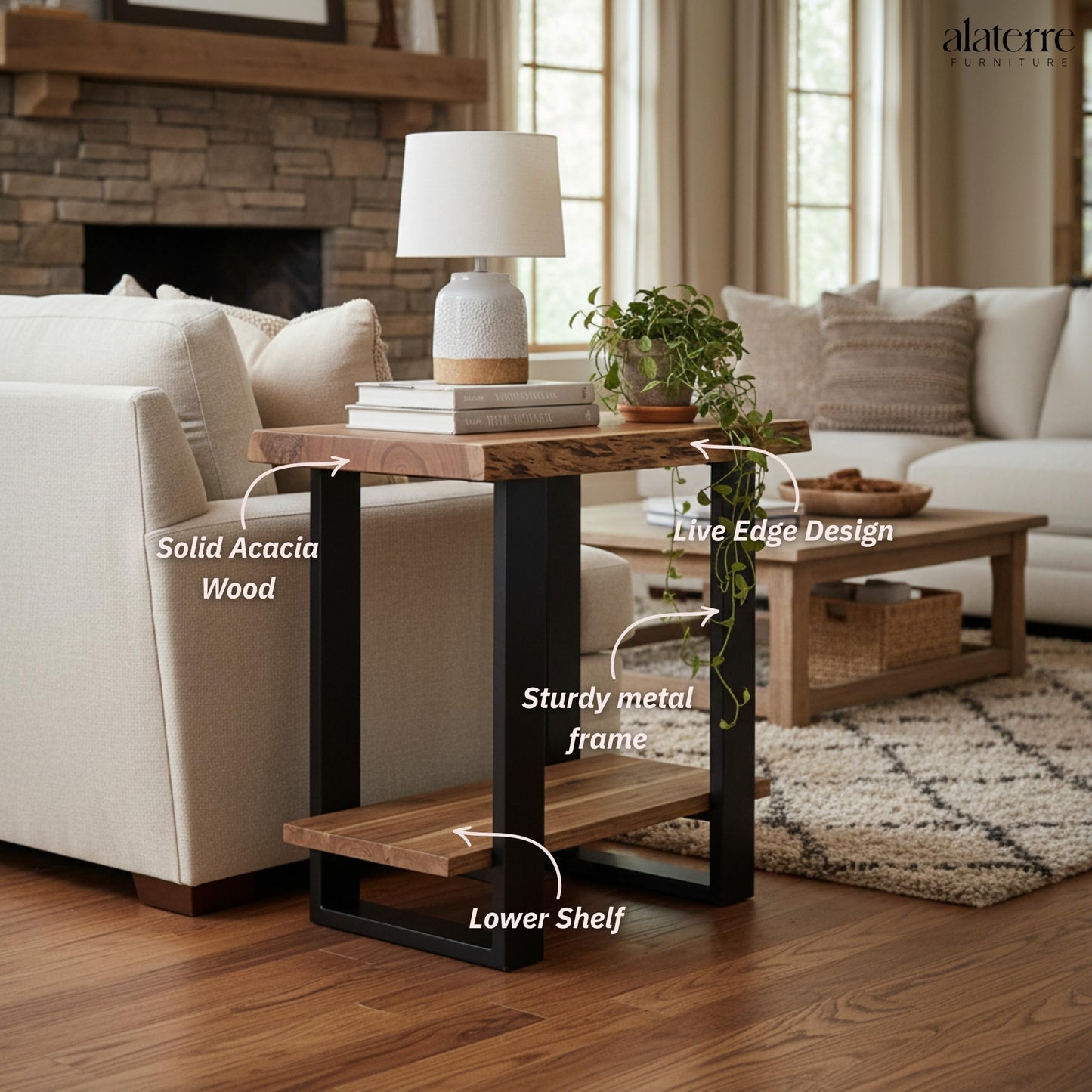 Alaterre Furniture Alpine Live Edge Modern End Table - 2-Tier Narrow Side Table with Open Storage Shelf - Solid Wood and Metal Modern Nightstands for Living Room or Bedroom (Natural)