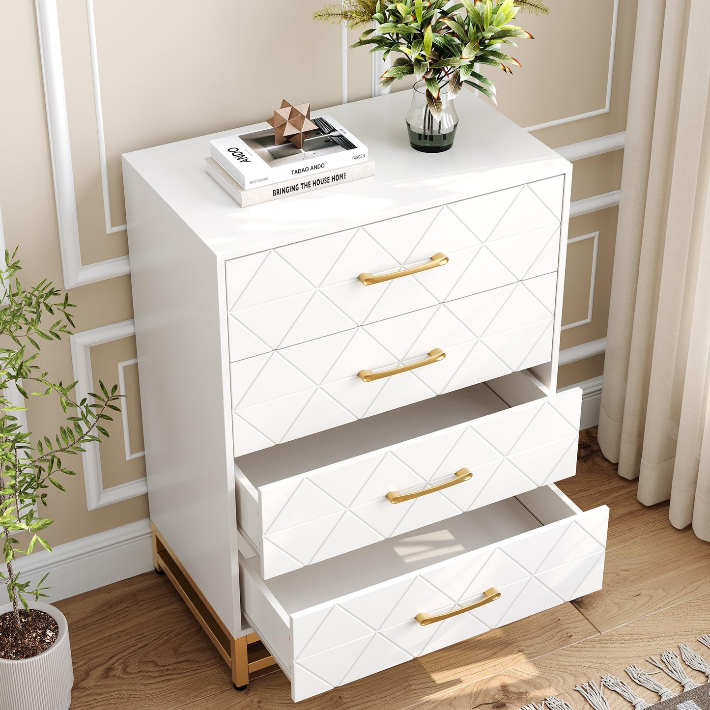 GarveeHome Wooden Dresser for Bedroom, Dressers & Chest of Drawers with 4 Drawer, Wood nightstand for Storage and Organization (White)