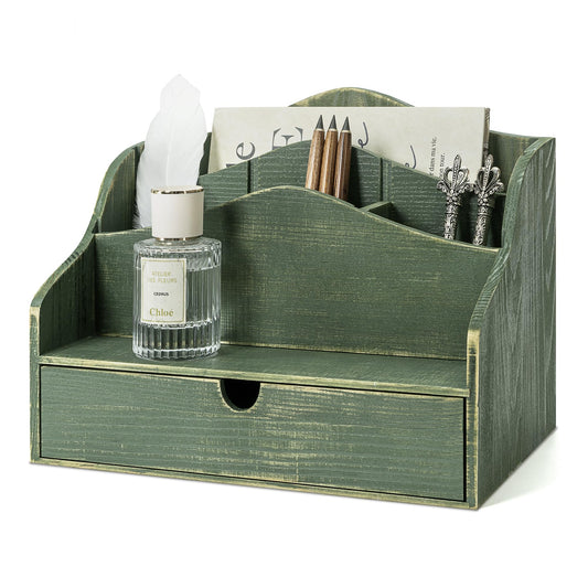 Pine Wood Mail Organizer for Desk - Rustic Style Mail Sorter Countertop Organizer for Files, Letters & Small Items - Farmhouse Letter Holder with Drawer for Office Desk & Home Decor (Green)