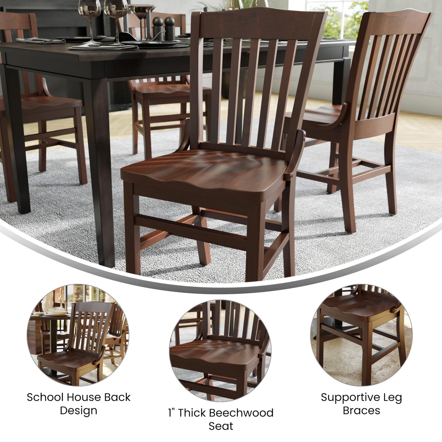 Flash Furniture Hercules Series School House Back Mahogany Wood Dining Chair, Traditional Elegant Wood Restaurant Chair, Walnut Wood
