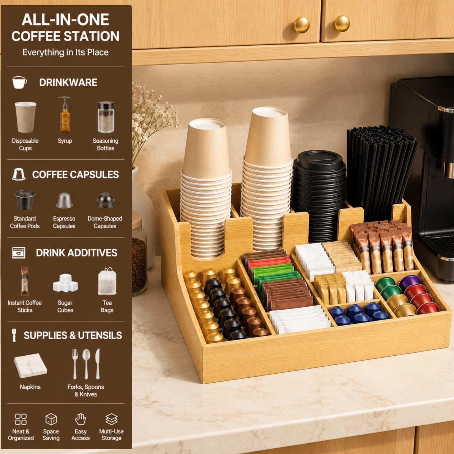 Mezchi 13-compartment Coffee Condiment Organizer, Bamboo Tea Station Organizer Caddy for Countertop, Coffee Bar Storage Accessories for Tea Bags, Cups, Pods, Creamer, Syrup