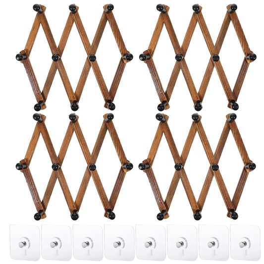 simarro 4 Pcs Accordion Wall Hanger, Expandable Coat Rack Wooden Hat Rack Including 10 Peg Hooks, X Shape Wall Mount Hat Holder for Hats Coat Scarf Jackets Purses