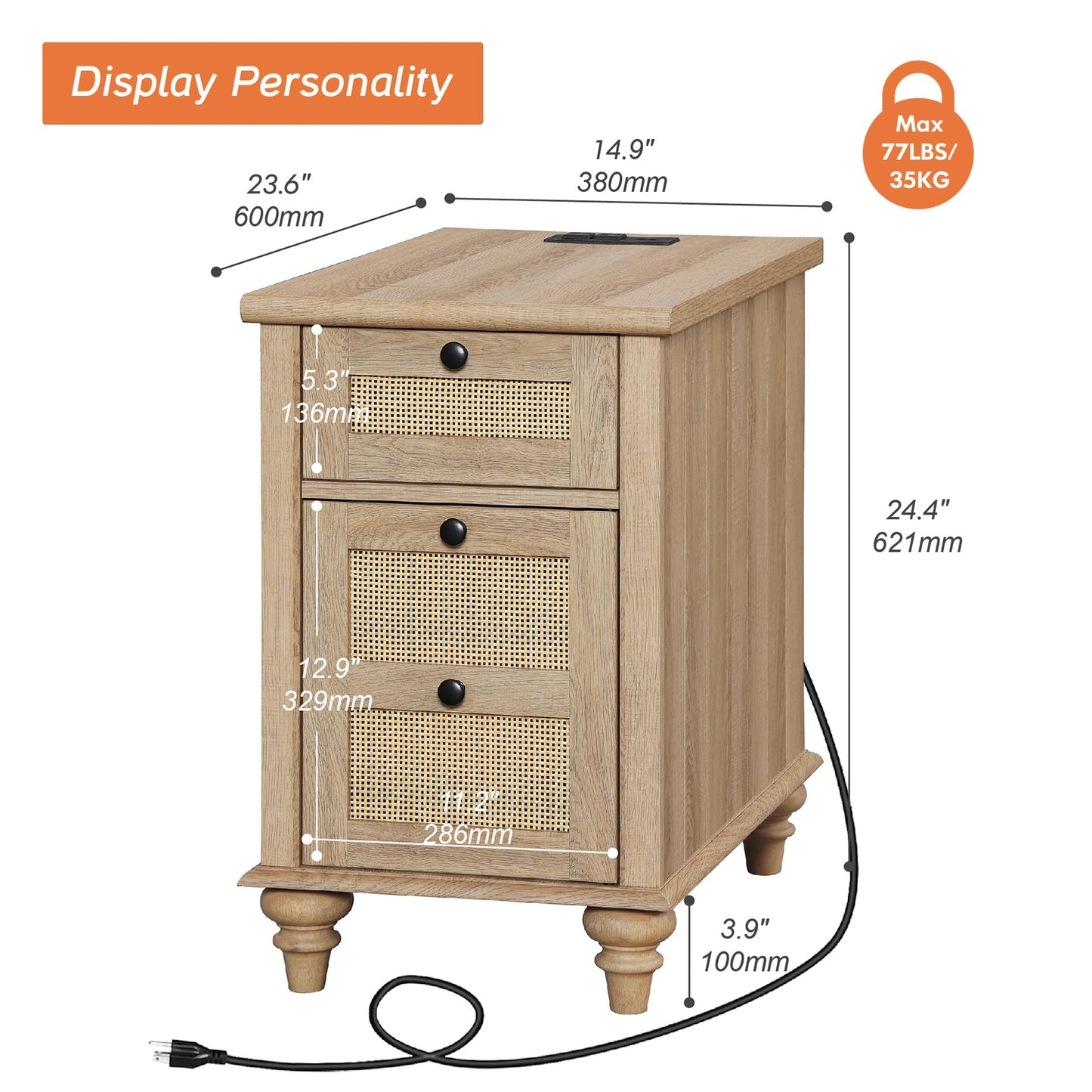 WAMPAT Farmhouse End Table with Charging Station, Rattan Side Table with Drawer & Storage Cabinet, Wooden Oak Nightstand with Power Outlets & USB Ports for Living Room, Bedroom, Burlywood