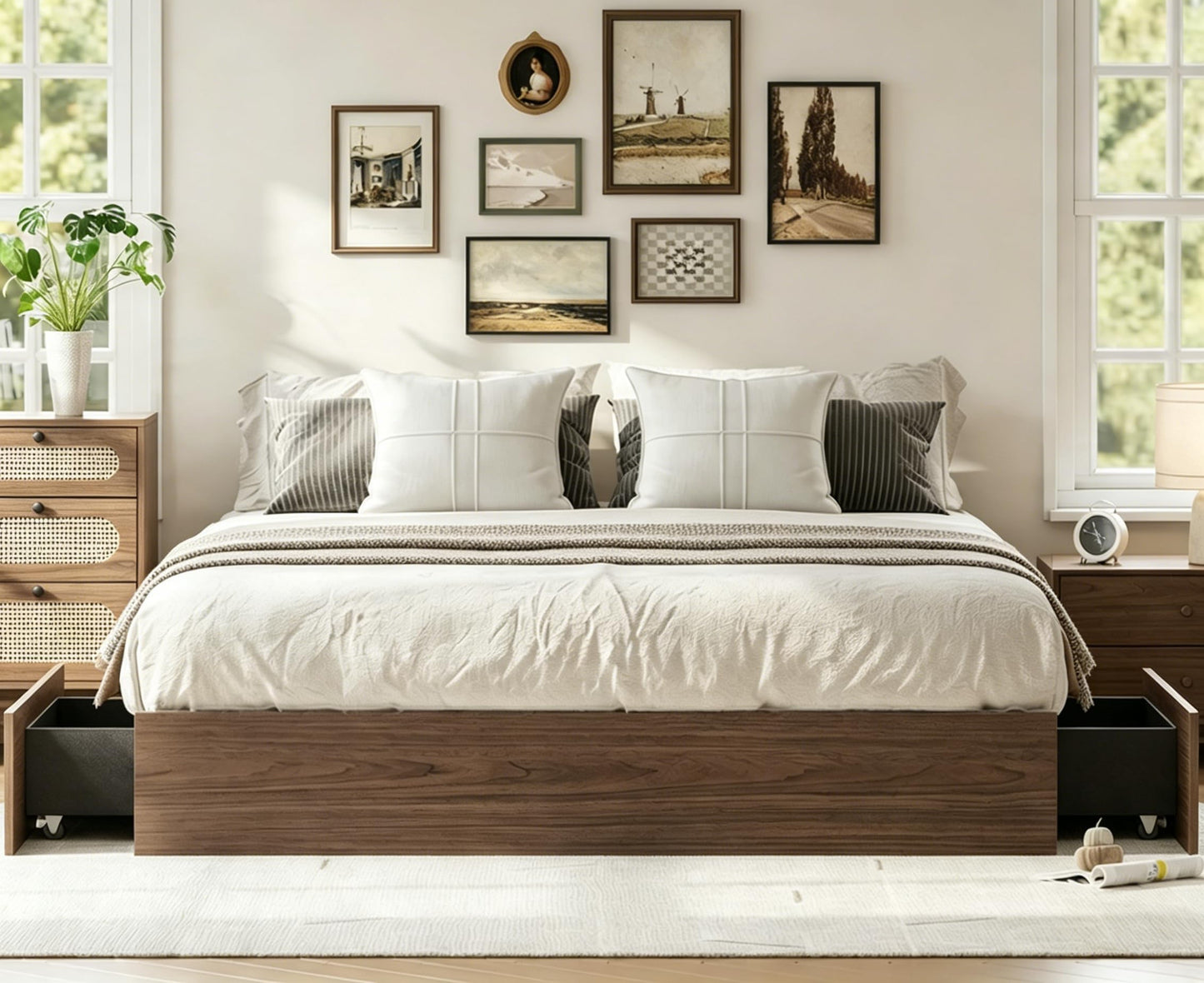 IDEALHOUSE Full Bed Frame with 2 Storage Drawers, Wooden Bed Frame Without Headboard, Minimalist Floor Platform Bed, Wood Slat Support, Noise Free, No Box Spring Needed, Easy Assembly