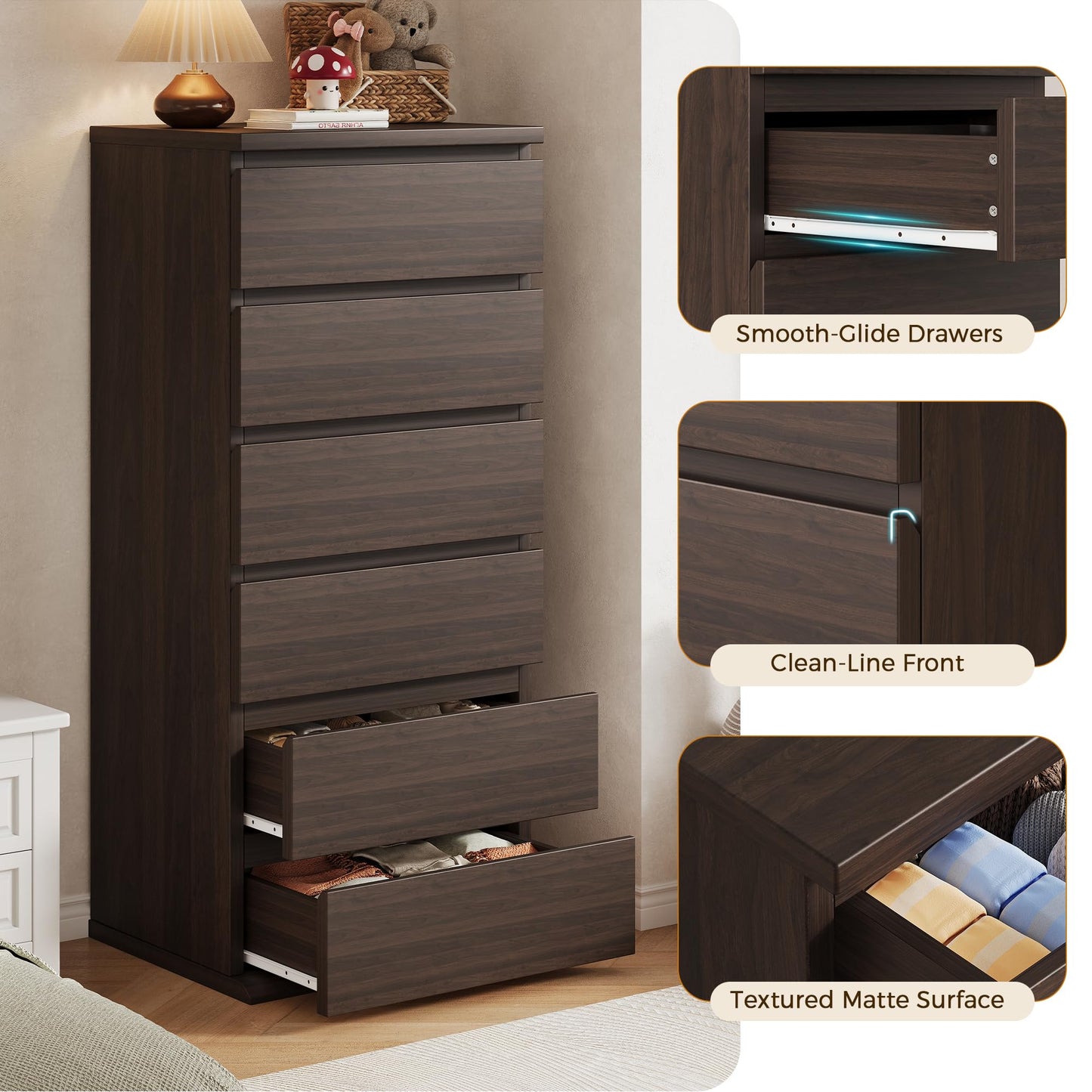Brown Dresser, 6 Drawer Dresser for Bedroom, Wooden Chest of Drawers with Handleless Drawers, 19.7" W x 15.7" D x 47.2" H Vertical Tall Dresser, Storage Dressers for Living Room, Hallway and Office