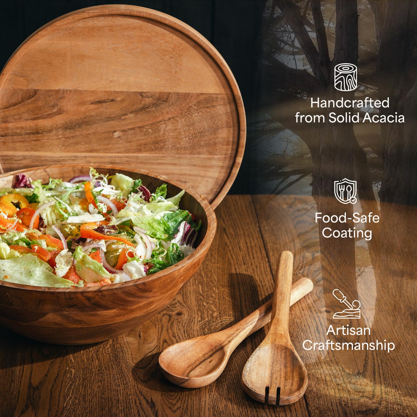 Public House Large Wooden Salad Bowl Set 12.5 Inch with Serving Utensils, Tray Lid and Carry Strap. Acacia Wood Large Salad Bowls Ideal for Fruits and Dishes, Wooden Bowls for Food, Serving Bowl