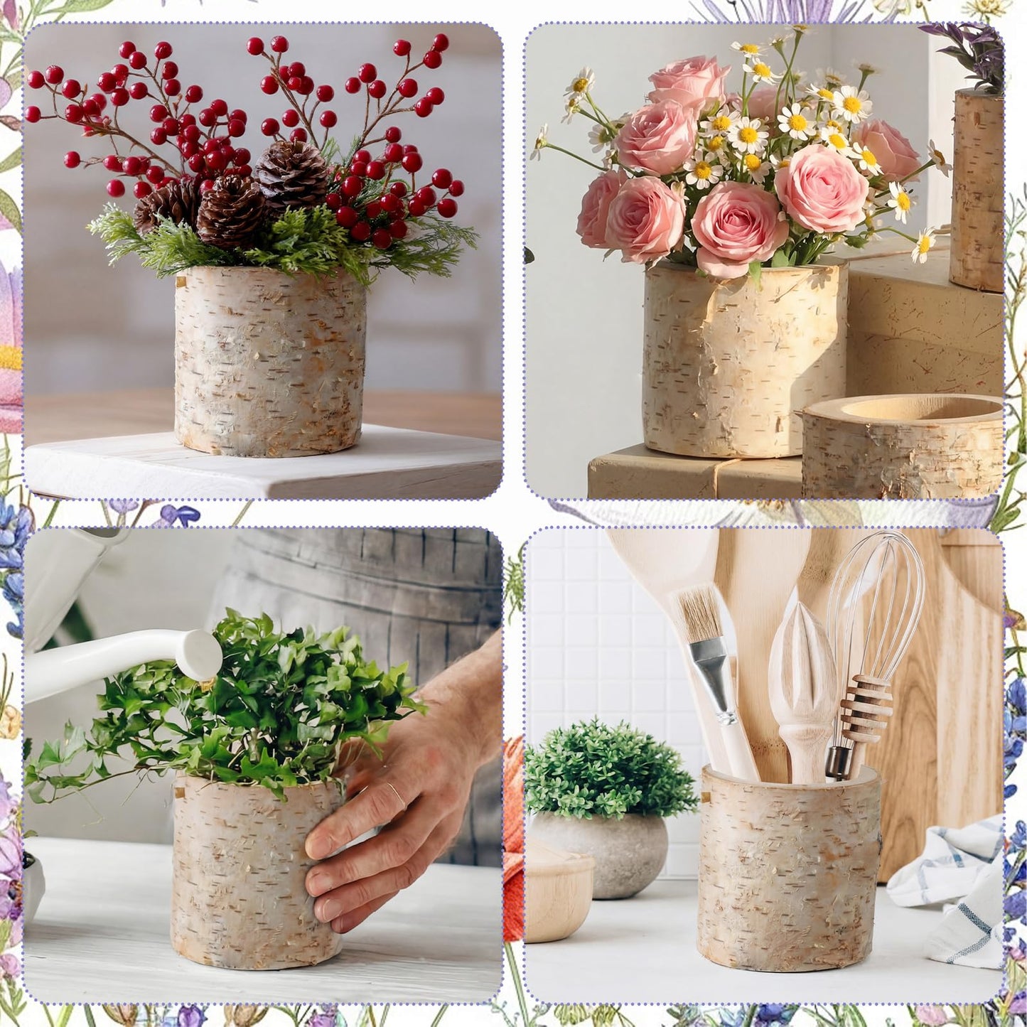 Acellegic 6 Pcs Natural Birch Vase Wooden Vase Natural Birch Bark Flower Pots Country Style Wood Planter for Garden Wedding Party Window Home Farmhouse Centerpieces