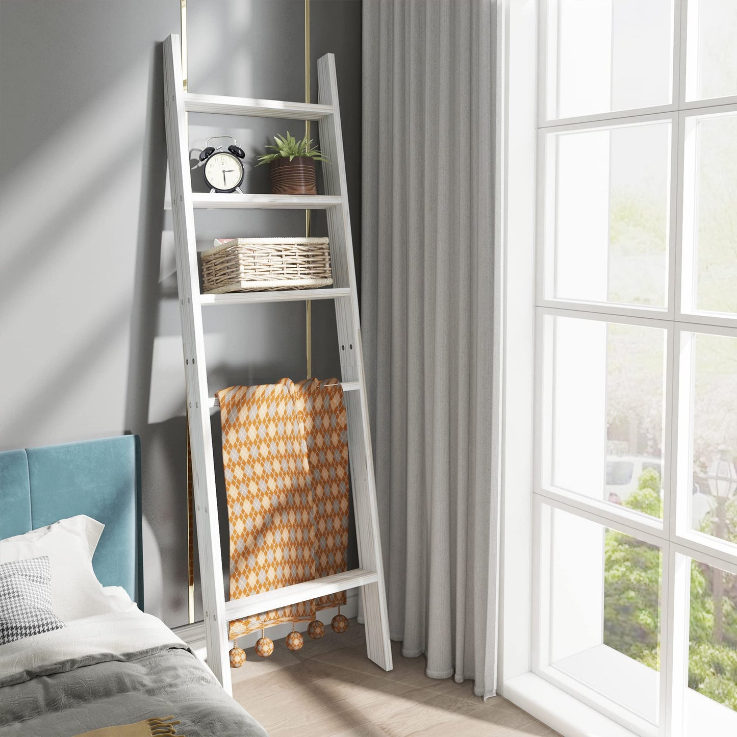 AKTOP Rustic Blanket Ladder 63 Inch, Adjustable Wood Blankets Holder Rack for Farmhouse Home Decor, 5-Tier Wall Leaning Ladders, Ladder Shelf Stand for Livingroom, Bedroom, Bathroom