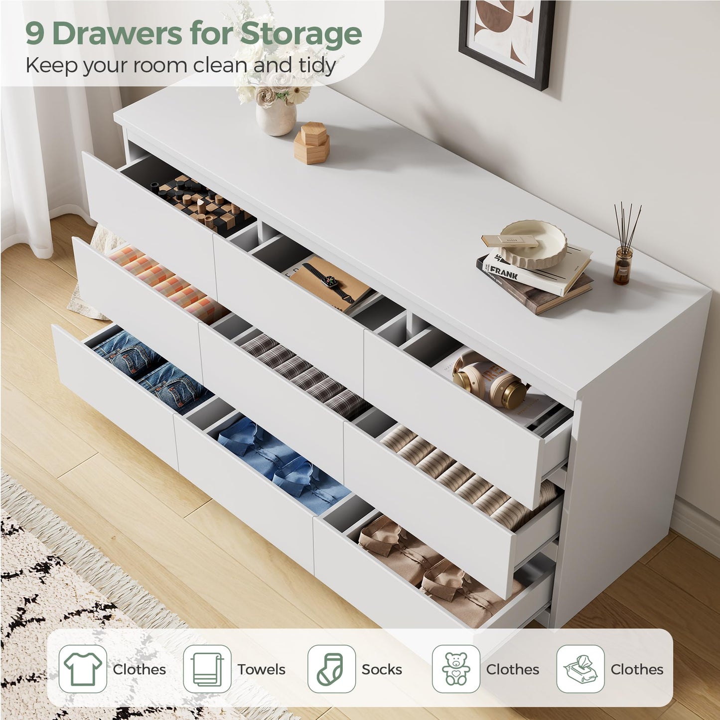 Jocoevol Modern White 9 Drawer Dresser for Bedroom, Simply Chest of Drawers, Wood Storage Dresser with Deep Drawers for Living Room Hallway Entryway (White)