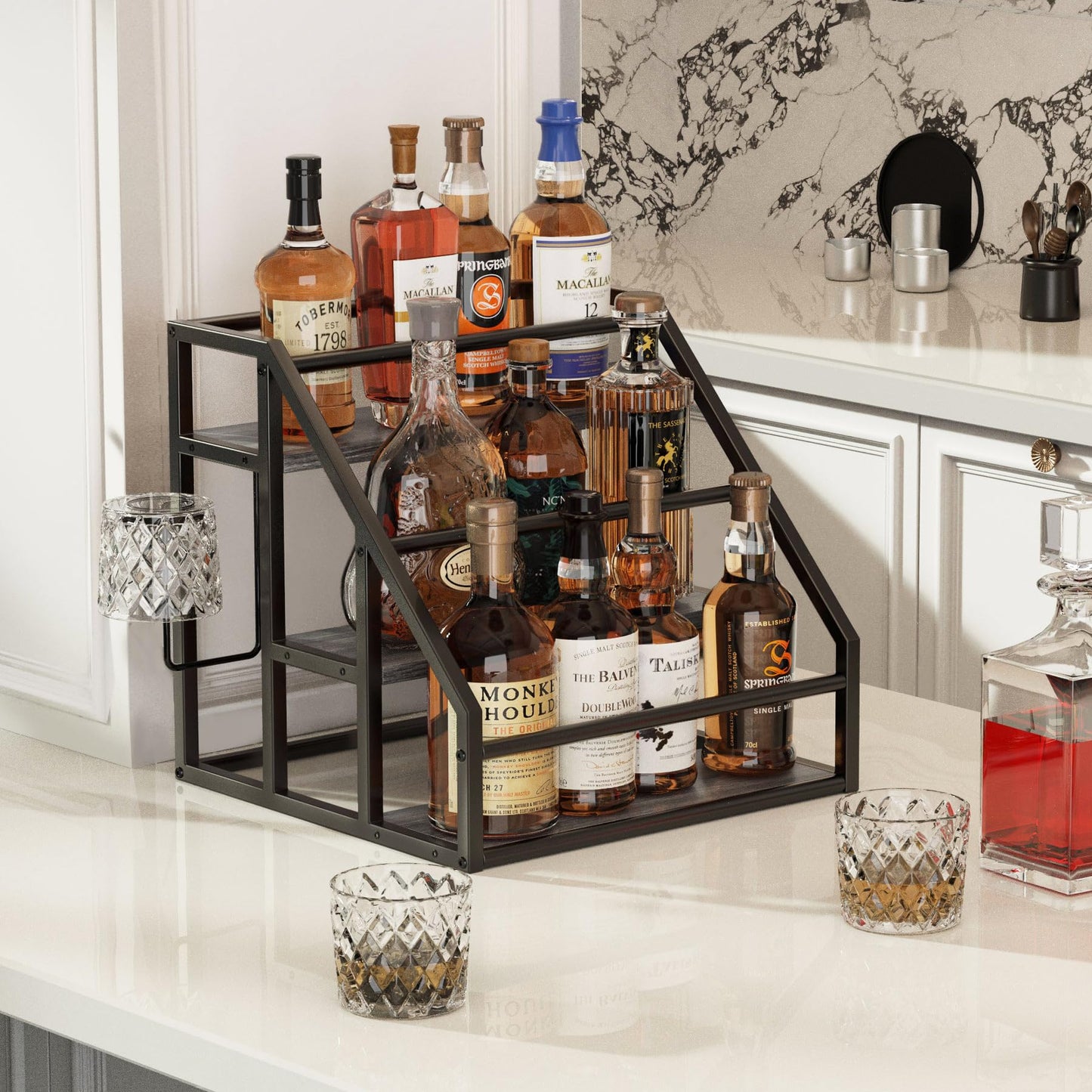 Vantimo Coffee Syrup Rack Organizer, 3 Tier Countertop Storage Shelves, Kitchen Storage, 12 Syrup Bottle Stand Holder for Wine, Liquor, Kitchen Coffee Station Organizer Rack, 13.8"x13.4"x13.0", Grey