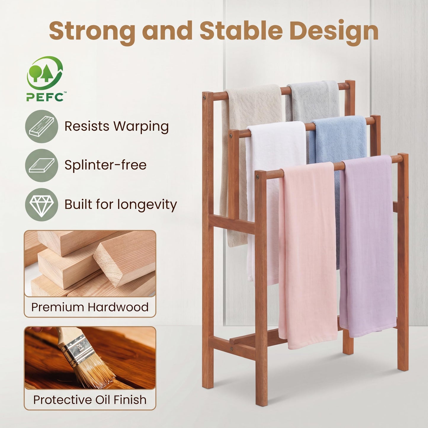 HOMGX Towel Rack & Drying Stand, Freestanding Wooden | 3-Tier Wooden Towel Holder | Sturdy Bathroom Drying Rack | Teak Oil Finish | Compact Vertical Storage | Poolside & Outdoor Use