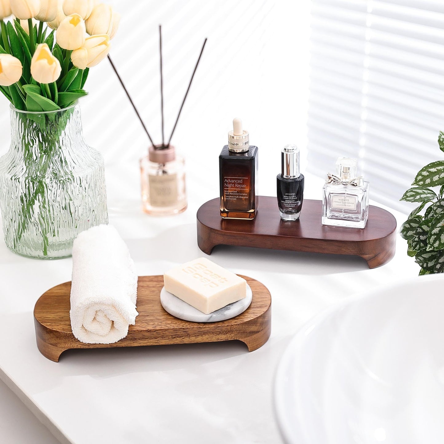 CAMLOT Acacia Wood Risers for Decor Display, Bathroom Counter Decorative Tray, Soap Dish Risers, Pedestal Stand for Bottles,Candle,Plant, Counter Decor for Vanity. (Nature Acacia)
