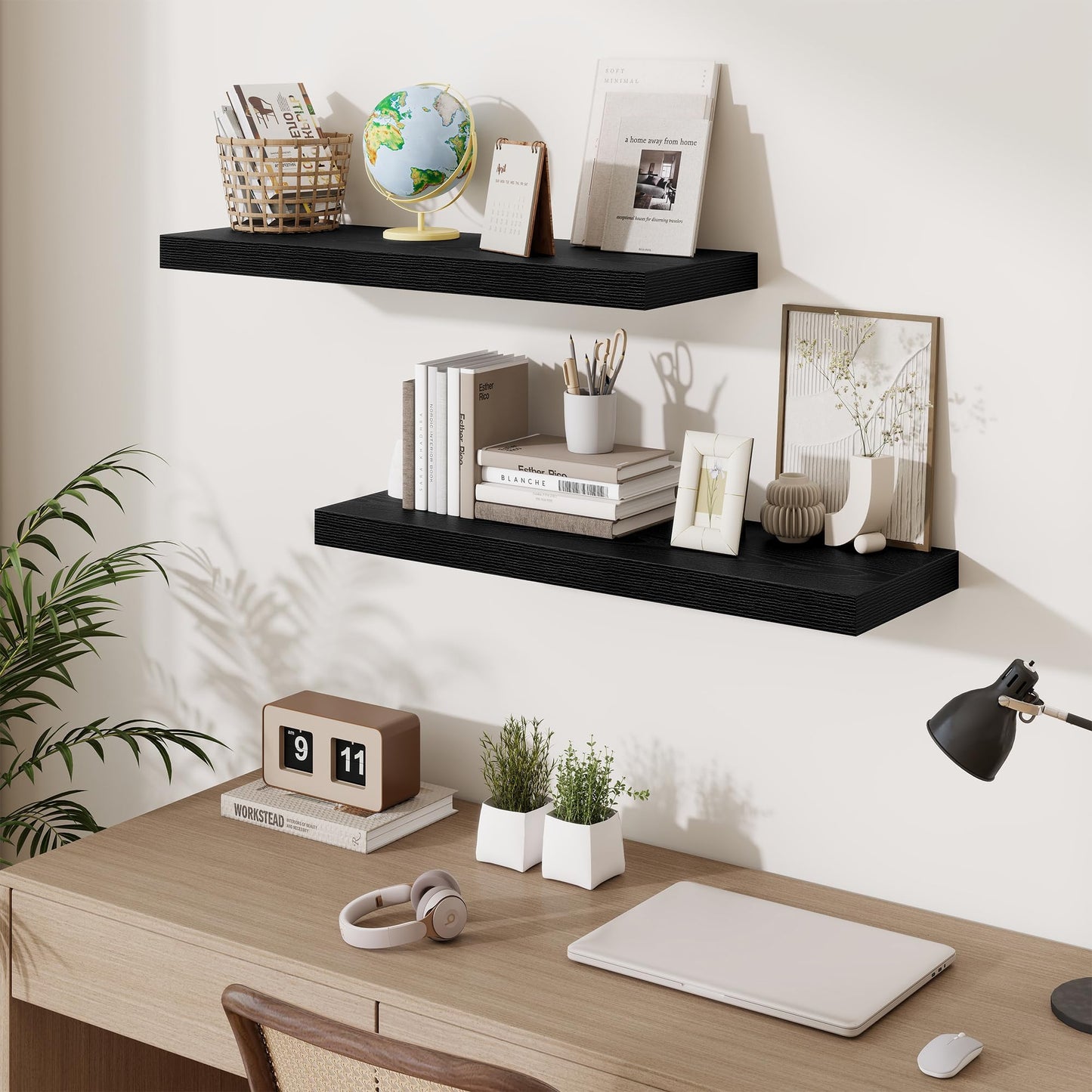 Fun Memories Floating Shelves for Wall, 32 Inch Long Floating Shelves Set of 2, 32 x 10 Wooden Shelves for Wall, Large Storage Shelves, Hanging Shelves for Bathroom Kitchen Bedroom, Black