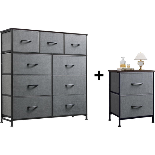 WLIVE 9-Drawer Dresser & Nightstand with 2 Fabric Drawers for Bedroom, Hallway, Entryway, Closet, Organizer Unit with Fabric Bins, Steel Frame, Wood Top, Easy Pull Handle, Dark Grey