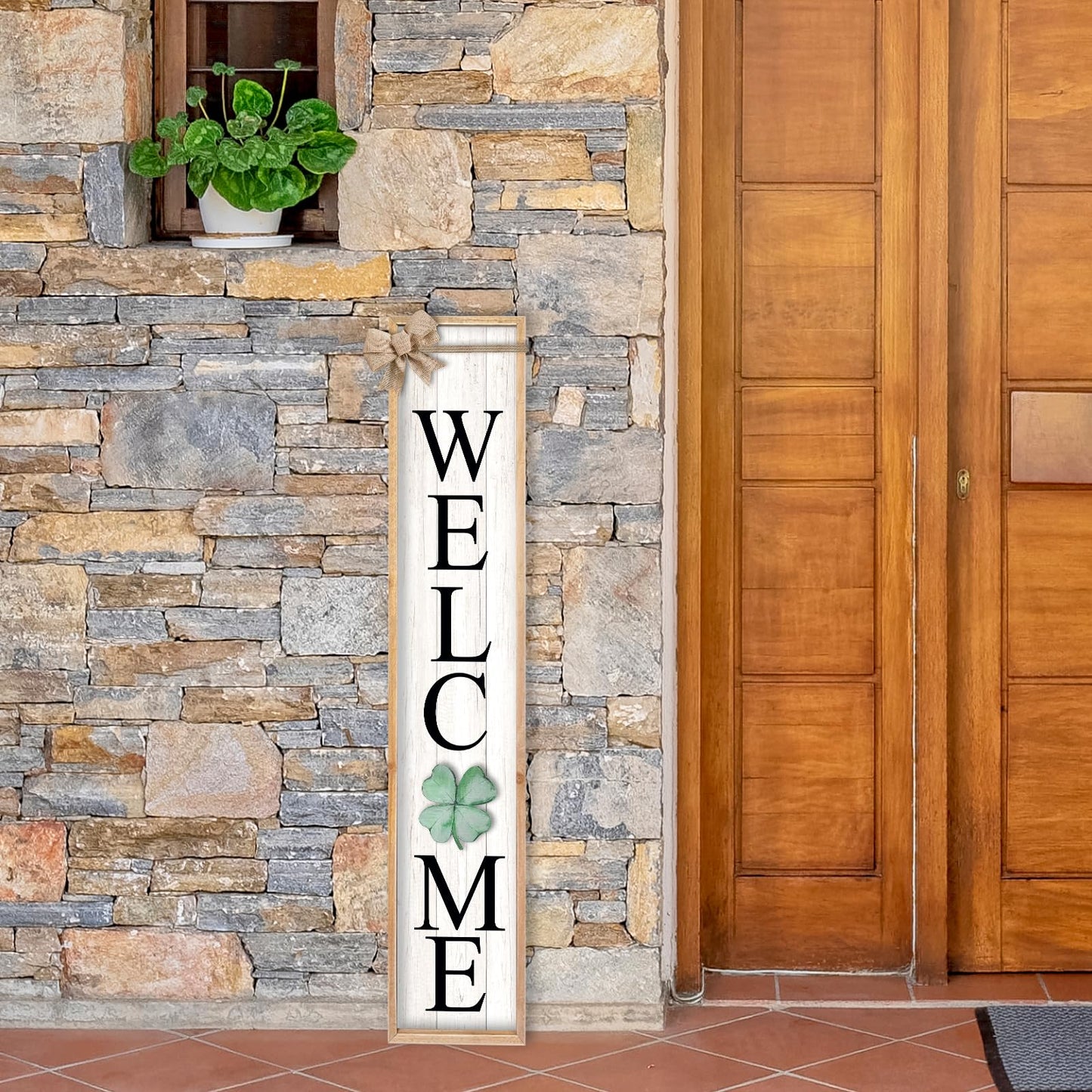 TQianJiang Interchangeable Welcome Sign for Front Porch Standing 45"X9" 12 Pcs Replaceable Signs Vertical Leaner Wood Framed Outdoor Decor (Wood White)