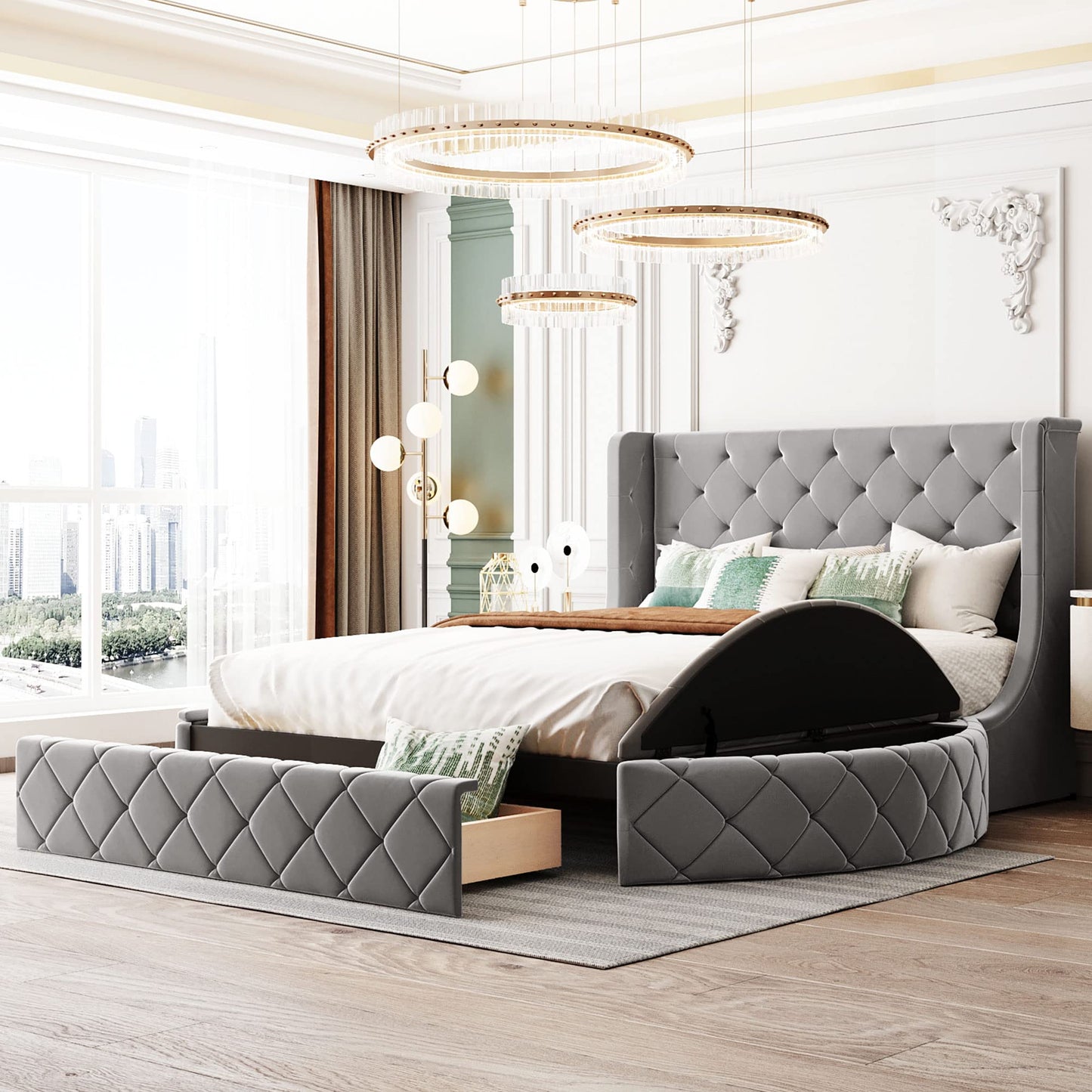 Merax Queen Size Velvet Upholstered Platform Bed with Wingback Headboard, 1 Big Drawer and 2 Side Storage Stool for Bedroom, Guest Room, Wooden Slats, No Box Spring