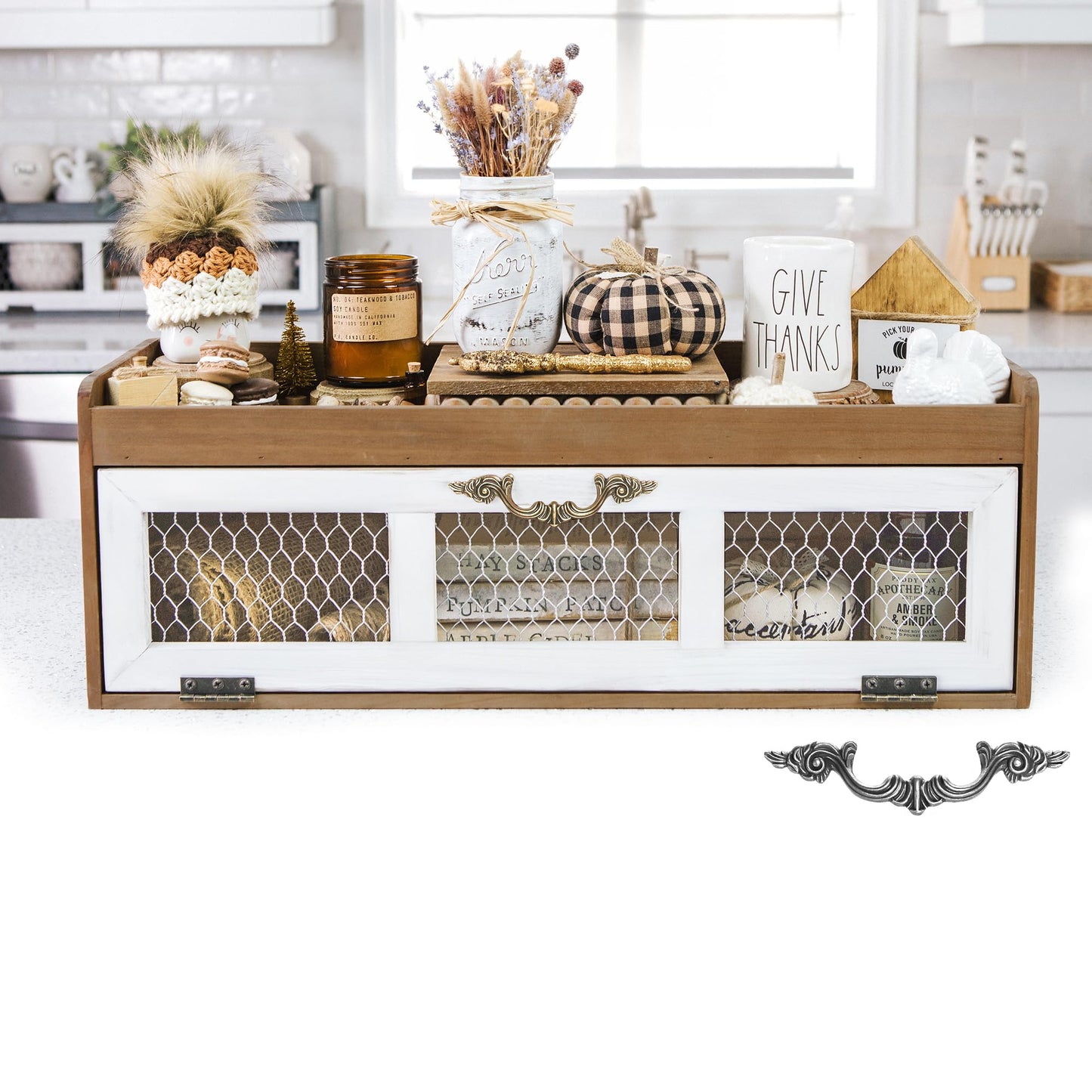 Felt Creative Home Goods Farmhouse Chicken Wire Countertop Shelving Organizer, Decorative Kitchen Pantry Storage Cabinet, Rustic Counter Storage Display, Country Kitchen Island Decor (Brown)