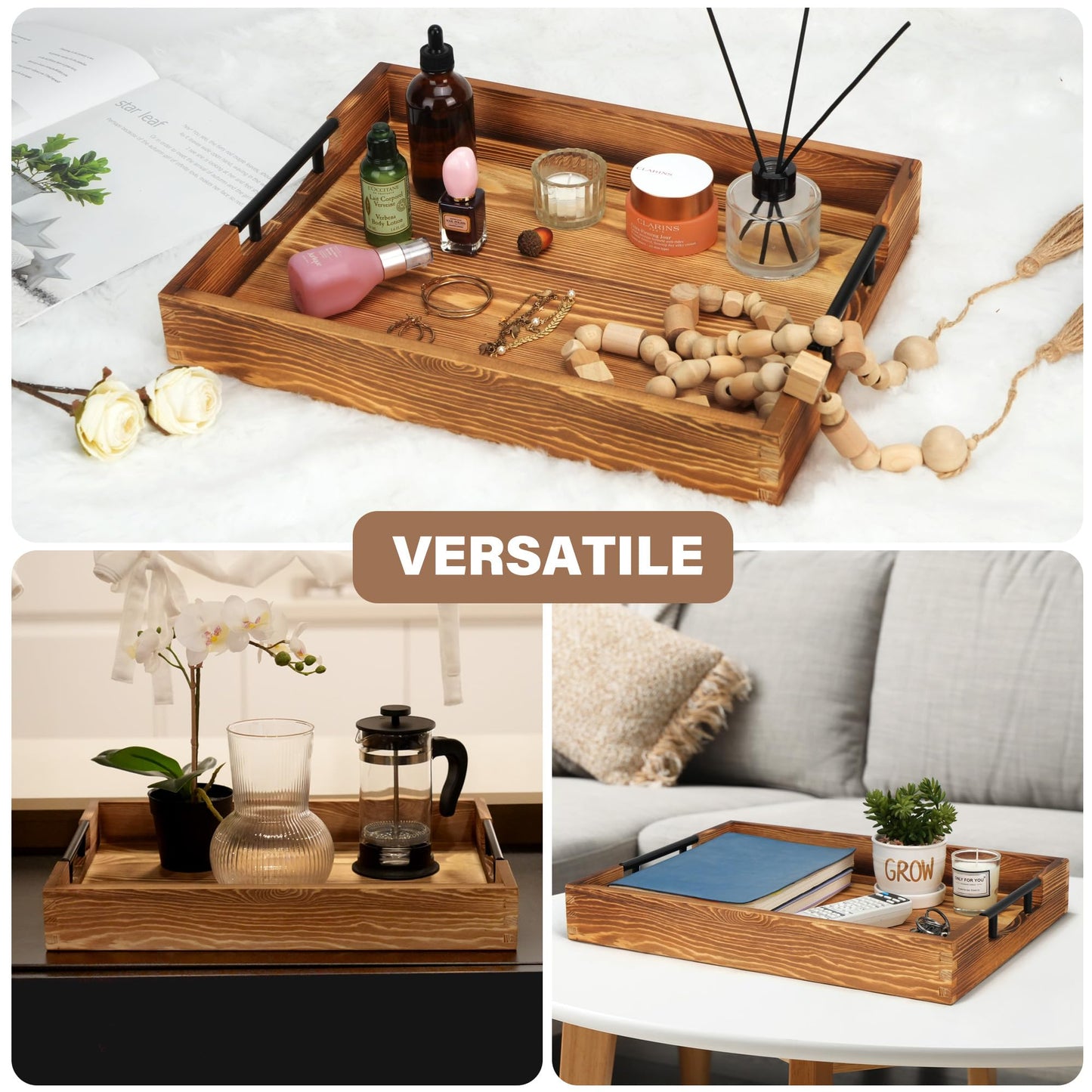 LotFancy Large Ottoman Tray for Living Room, 17x13'' Wood Serving Tray with Handles, Home Décor for Coffee Table, Sofa, 2 Skidproof Coasters Included