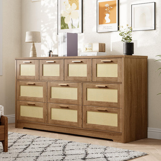 GarveeLife 10 Drawer Dresser for Bedroom, 59 in Farmhouse Rattan Dressers & Chests of Drawers, Wooden Storage Organizer with Anti-Tipping Device for Living Room, Hallway, Entryway, Natural