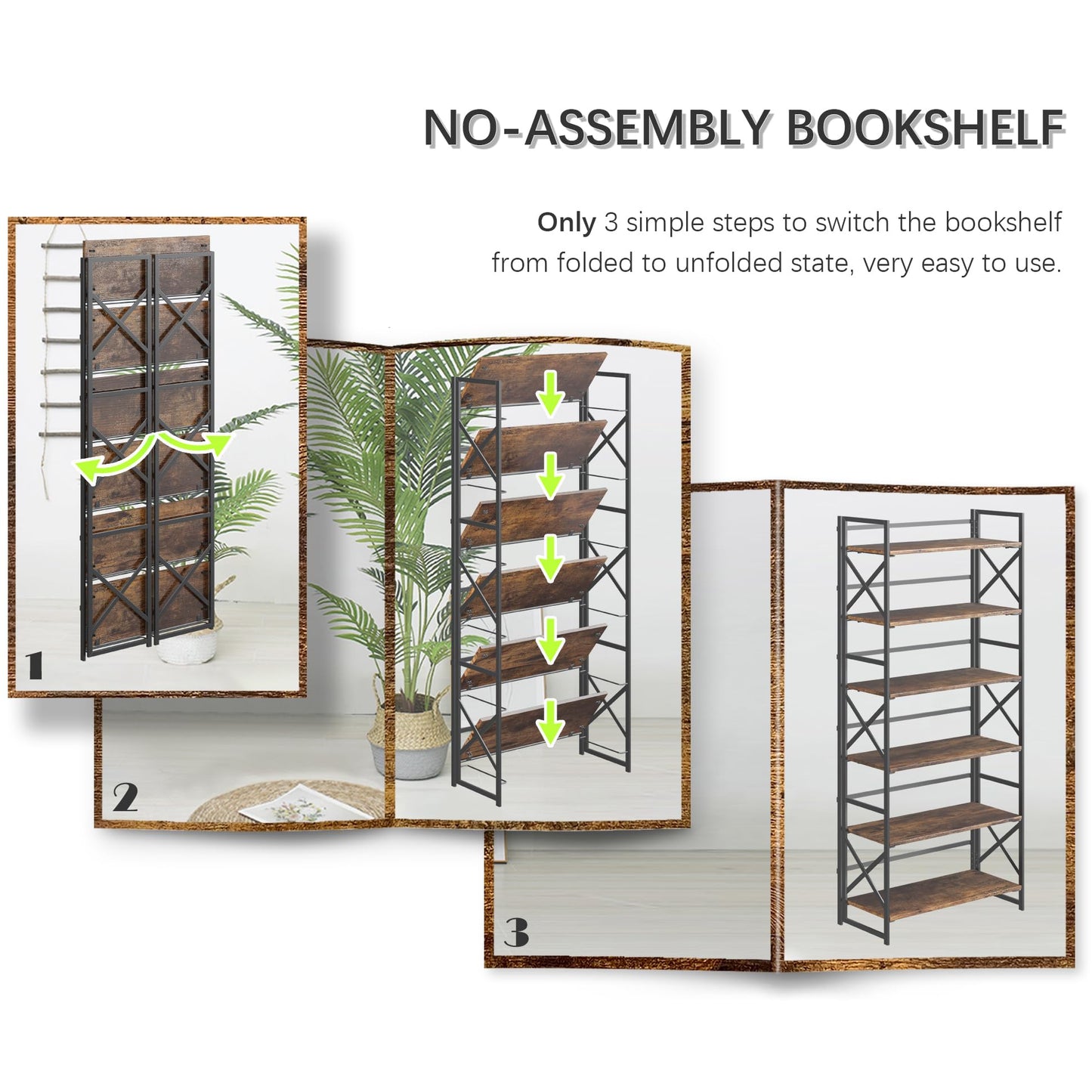 4NM 6 Tiers No Assembly Book Shelves, 61.8" H Folding Bookshelf Bookcase Open Industrial Foldable Shelves for Bedroom, Living Room, Home Office - Rustic Brown Black