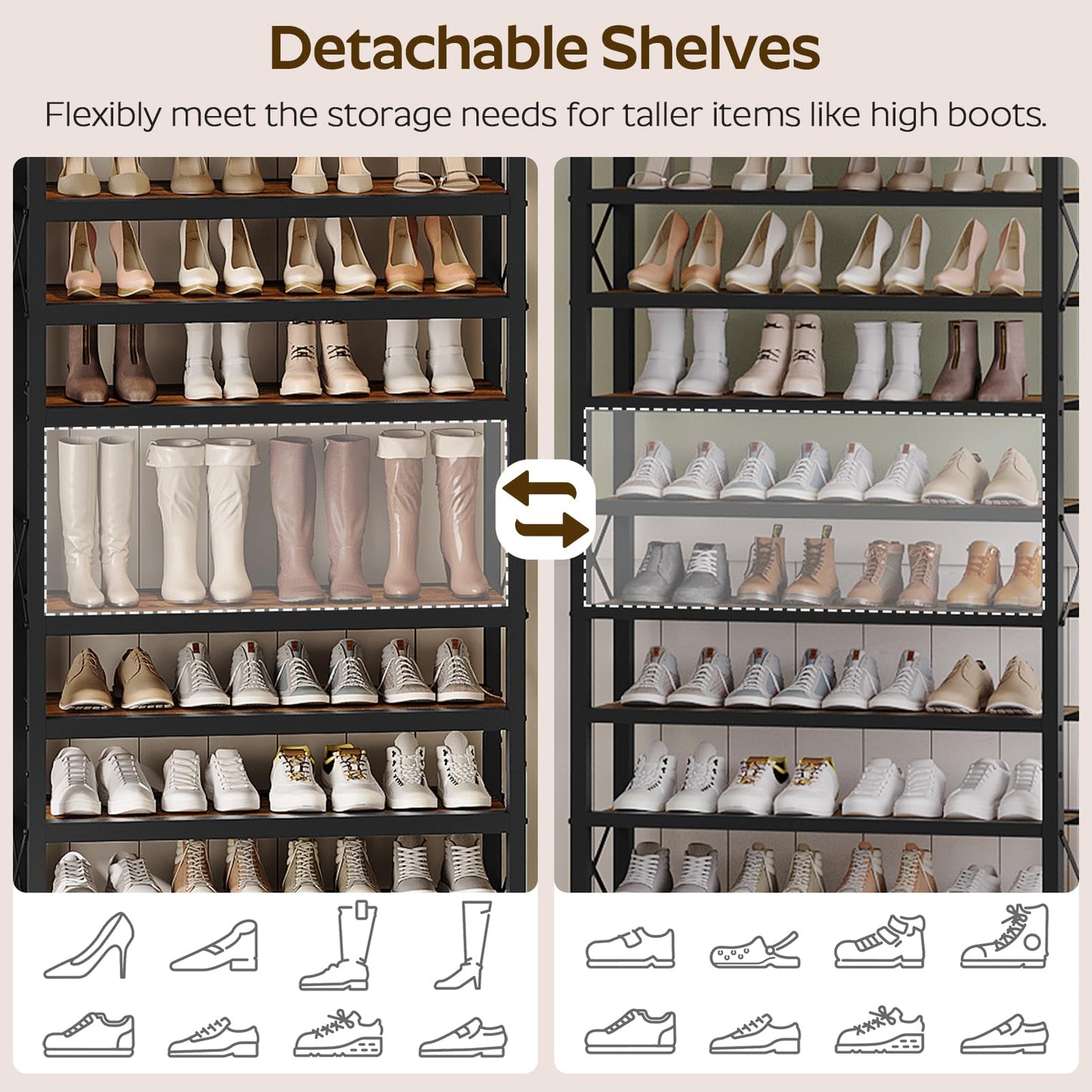 YATINEY 12-Tier Tall Shoe Rack and Entryway Bench with Shoe Storage, 3-Tier Shoe Rack Bench with Wooden Shelves and 3 Non-Woven Drawers, PU Padded Shoe Storage Bench SS212BR-HX07BB