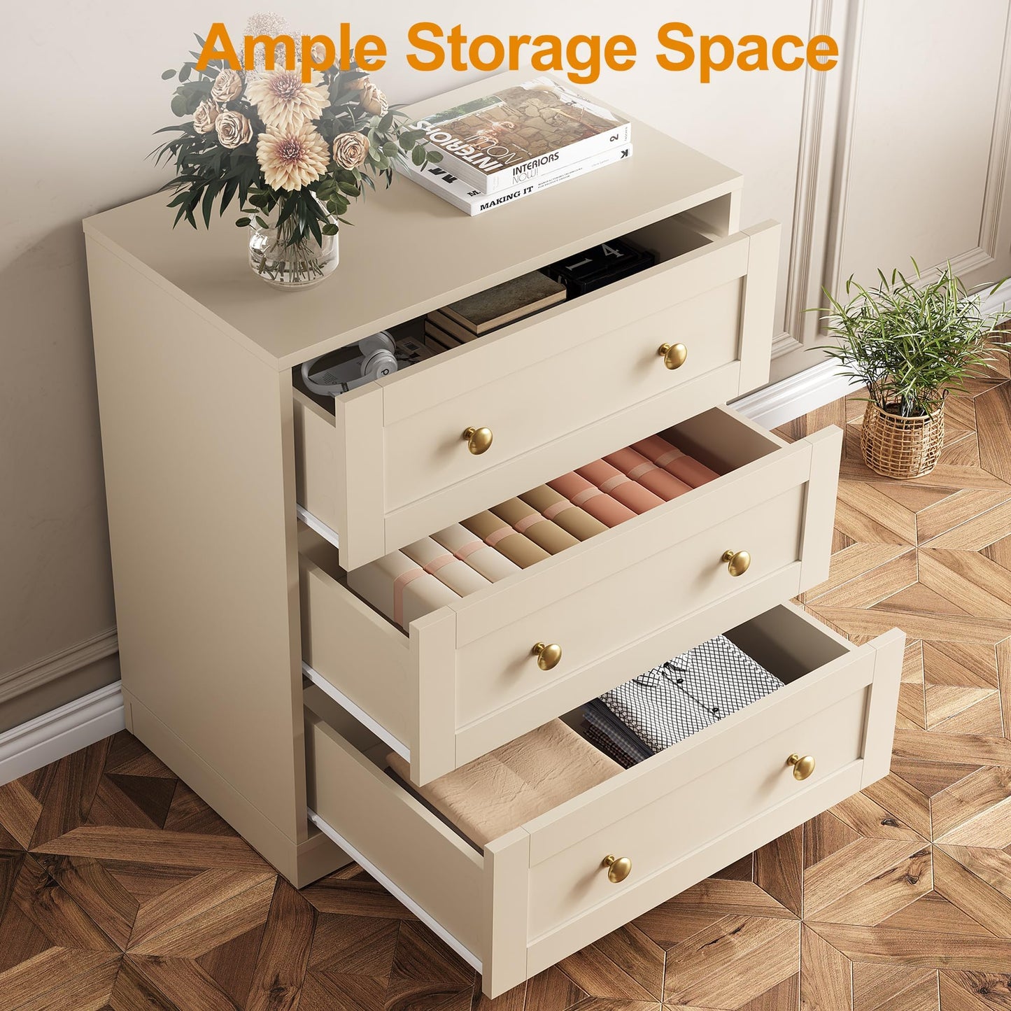 RoyalCraft Small 3 Drawer Dresser Set of 2, Beige Dresser for Bedroom, Wood Nightstand with Drawers, Modern Chest of Drawers for Closet, Living Room, Entryway