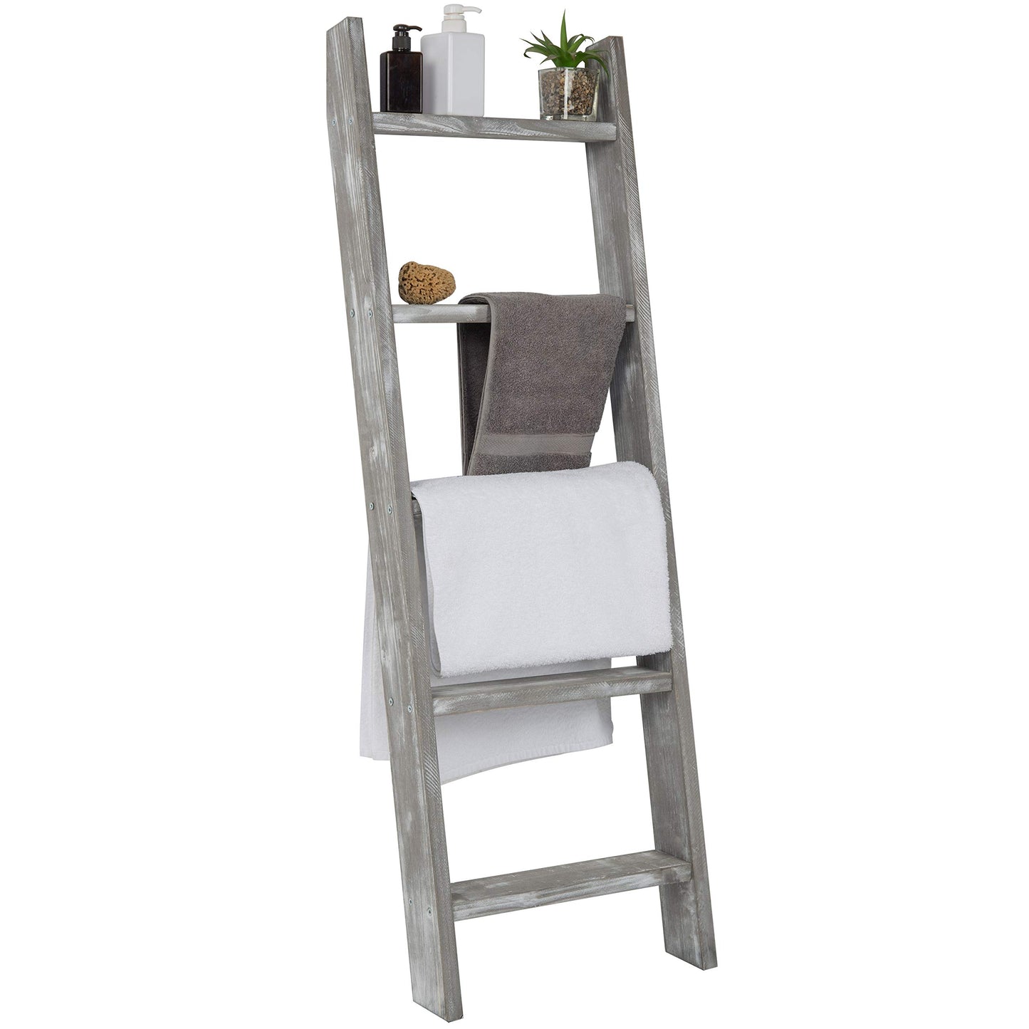 MyGift Large Whitewashed Wood Ladder Blanket Ladder, Farmhouse Style Wall Leaning Towel Rack with 5 Rungs (Graywashed)